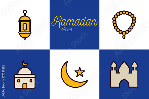 Ramadan line and fill style icon set vector design