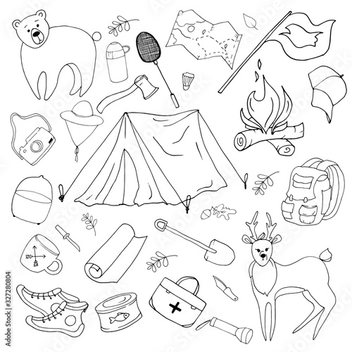 Set of black and white elements with attributes for outdoor recreation and camping with a tent. Concept of outdoor activities. The illustration is hand-drawn and isolated on a white background. Vector
