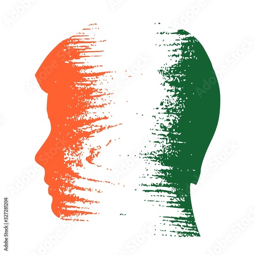 Double exposure portrait of young man. Ivory Coast flag design concept. Flag textured by grungy wood pattern. Image relative to travel and politic themes