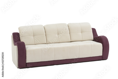 Wide view of cream and purple colored sofa