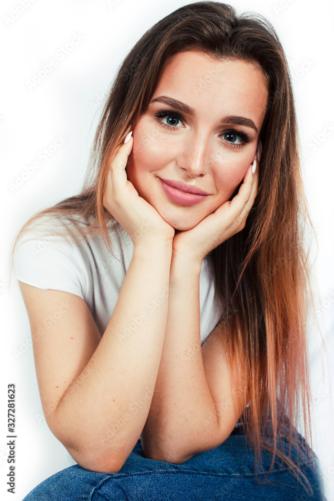 young pretty teenage hipster girl posing emotional happy smiling on white background, lifestyle people concept young pretty teenage hipster girl posing emotional happy smiling on white background, lifestyle people concept