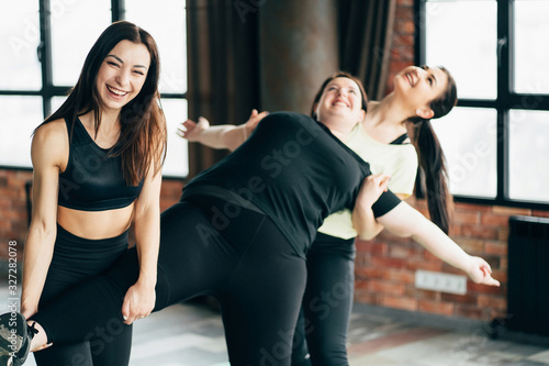 Fitness, teamwork, leisure, friendship. Group of women exercising and having fun together in gym. Sporty and active lifestyle