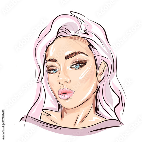 Hand-drawn young beautifu girl with nude makeup and unusual pink hair. Fashion illustration of a stylish look. Vector for design t-shirts typography cards and posters.