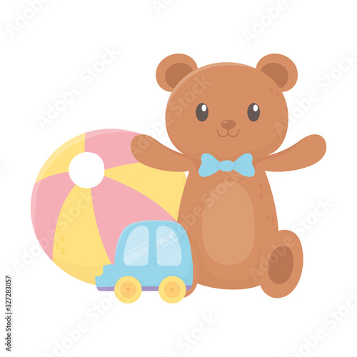kids zone, teddy bear plastic ball and car toys