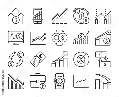 Stock Quotes icons. Stock quotes, charts and data analysis line icon set. Vector illustration. Editable stroke.