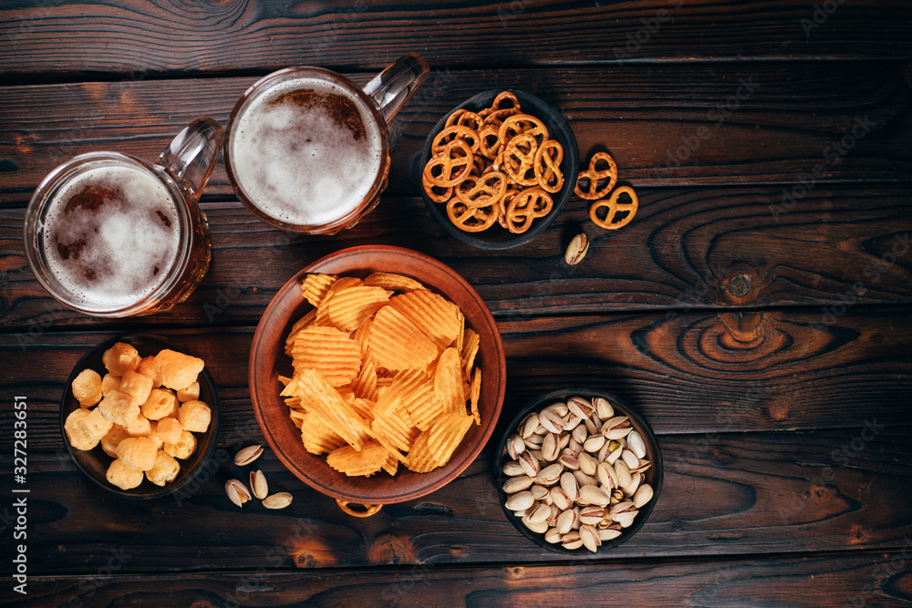 beer and snacks. bar table. restaurant, pub, oktoberfest food. friday party atmosphere, craft brewery concept beer and snacks. bar table. restaurant, pub, oktoberfest food. friday party atmosphere, craft brewery concept