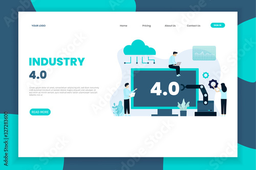 Industry 4.0 landing page template with computer. Landing page template