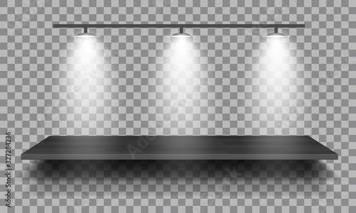 Empty wooden shelf with lamps isolated on checkered background