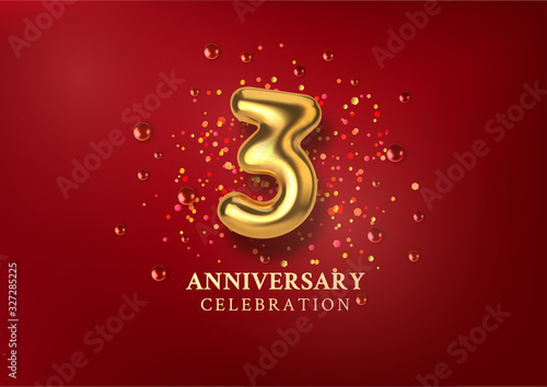 3th Anniversary celebration. Number in the form of golden balloons. Realistic 3d gold numbers and sparkling confetti, glitters. Horizontal template for Birthday or wedding event. Vector illustration