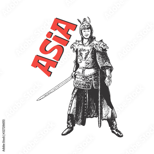 Male General Wearing Fighting Clothing and Holding Sword Vector Illustration