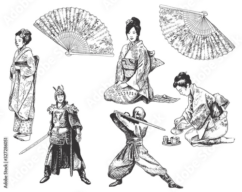 Japanese People Wearing National Costumes and Kimono Vector Illustration