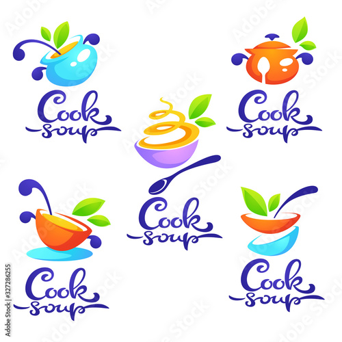 cook soup, vector collection of bowl full of tasty soup for your menu, logo, emblems and symbols