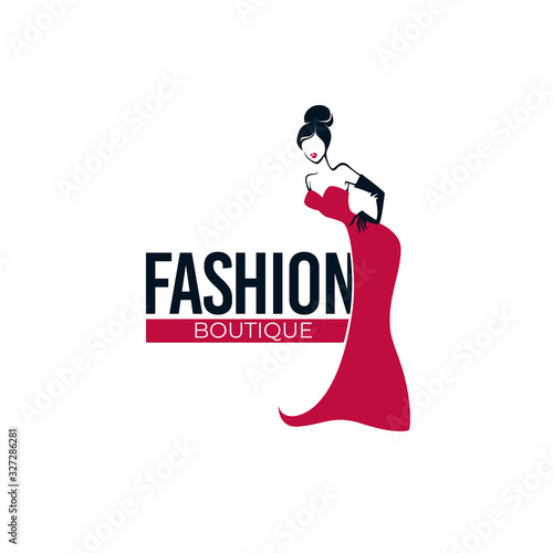 Retro Fashion, lady in red dress, fashion store, salon, boutique logo and emblem