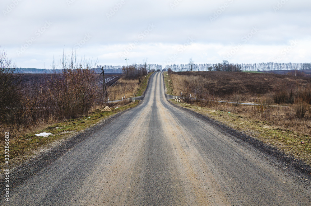 The road is going into the distance. Early spring. Tracks on the pavement from cars The road is going into the distance. Early spring. Tracks on the pavement from cars
