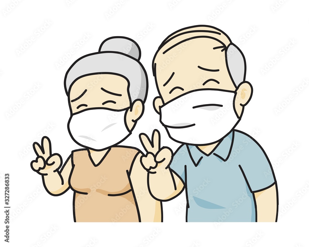Old man and old woman show two finger. Wear mask to protect virus of PM 2.5. vector illustration isolated cartoon hand drawn Old man and old woman show two finger. Wear mask to protect virus of PM 2.5. vector illustration isolated cartoon hand drawn