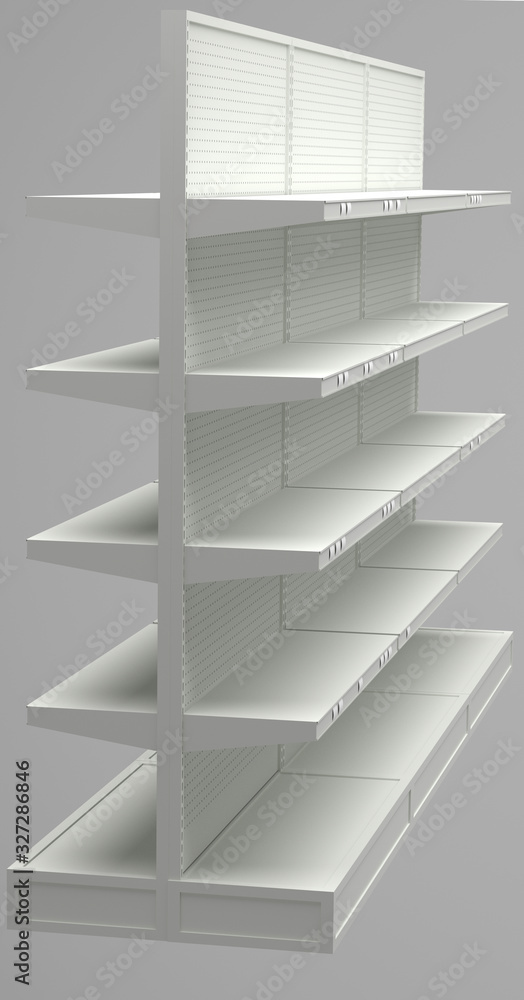 Shop shelf, 3d render, greyscale Shop shelf, 3d render, greyscale