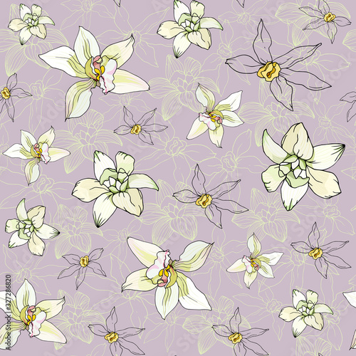 Violet floral seamless pattern with yellow vanilla flowers. Endless vector background for fabric, cards, banners and paper for decoration.