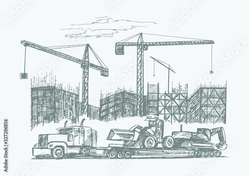 Construction site with tower cranes and heavy machinery. Hand drawn vector 