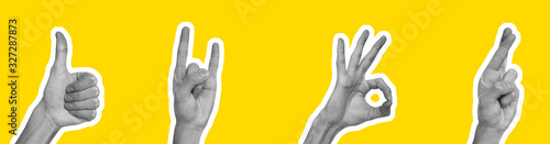 Collage in magazine style with hands showing different gestures on yellow background photo