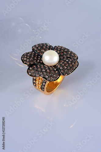 Gold & Pearl made flower shape Ring isolated-