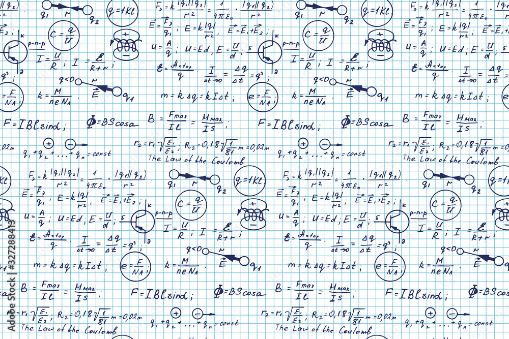 Physics, electronic engineering, mathematics equation and calculations, endless hand writing. Vector scientific and technology seamless pattern on notebook page.