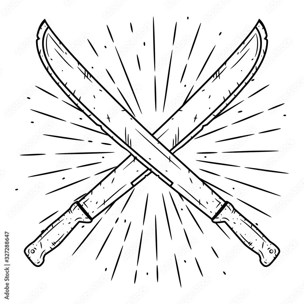 Crossed machetes. Hand drawn vector illustration with a crossed