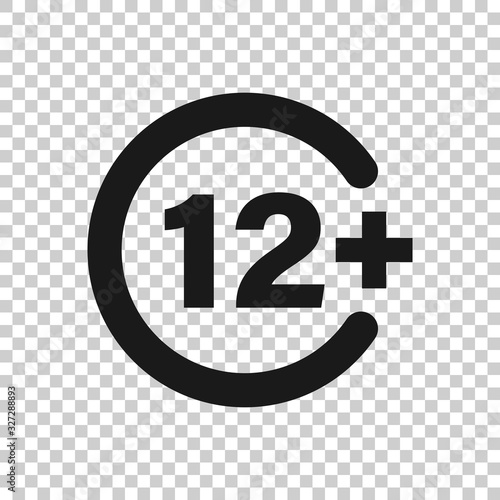 Twelve plus icon in flat style. 12+ vector illustration on white isolated background. Censored business concept.