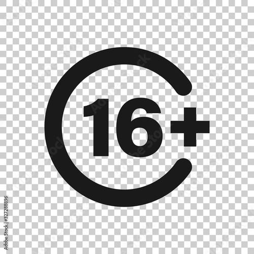 Sixteen plus icon in flat style. 16+ vector illustration on white isolated background. Censored business concept.