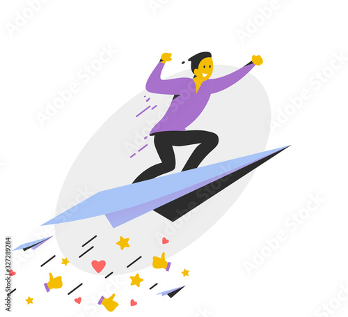 Personal brand design concept with business man flying upwards on paper plane, positive feedback like and thumb up icons. For webpage template, mobile app, ui. Vector flat illustration.