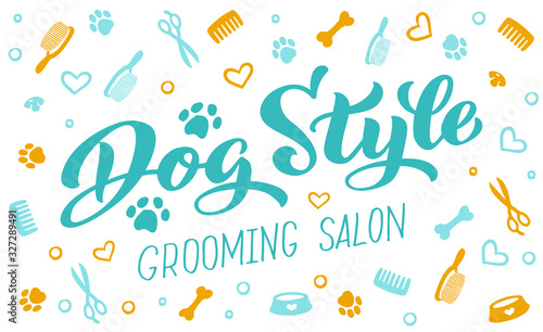 Dog style lettering for Grooming salon. Logo for dog hair salon, dog styling and grooming shop, store for pets. Hand draw vector illustration EPS 10 