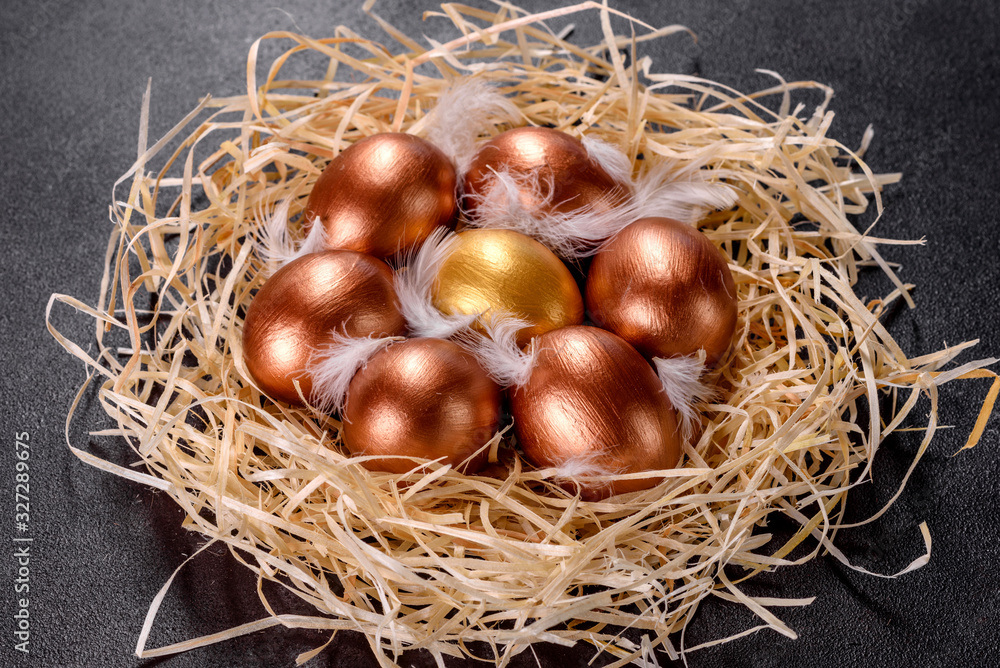 Easter golden eggs in the nest, preparation for the holiday Easter golden eggs in the nest, preparation for the holiday