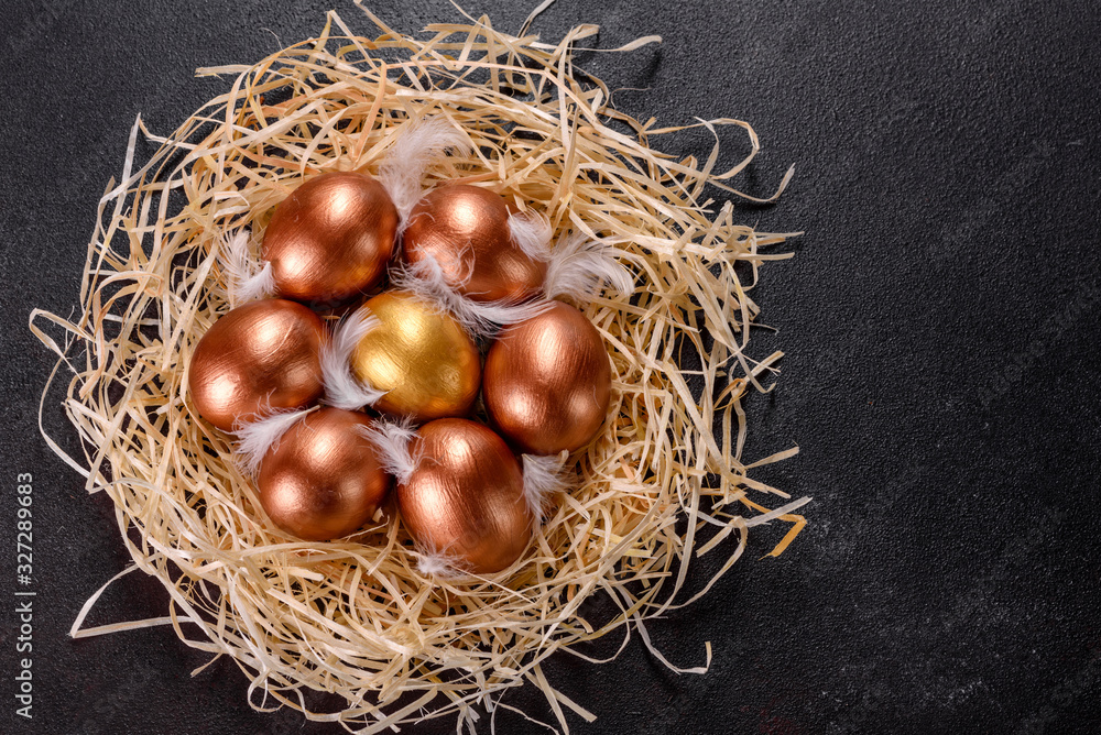 Easter golden eggs in the nest, preparation for the holiday Easter golden eggs in the nest, preparation for the holiday