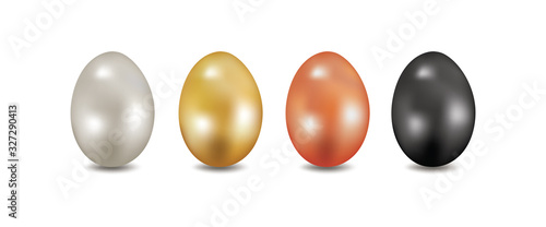 Set of 3D realistic Metallic Easter Eggs isolated on white background. Golden, silver, copper and shiny black Easter egg vector illustration