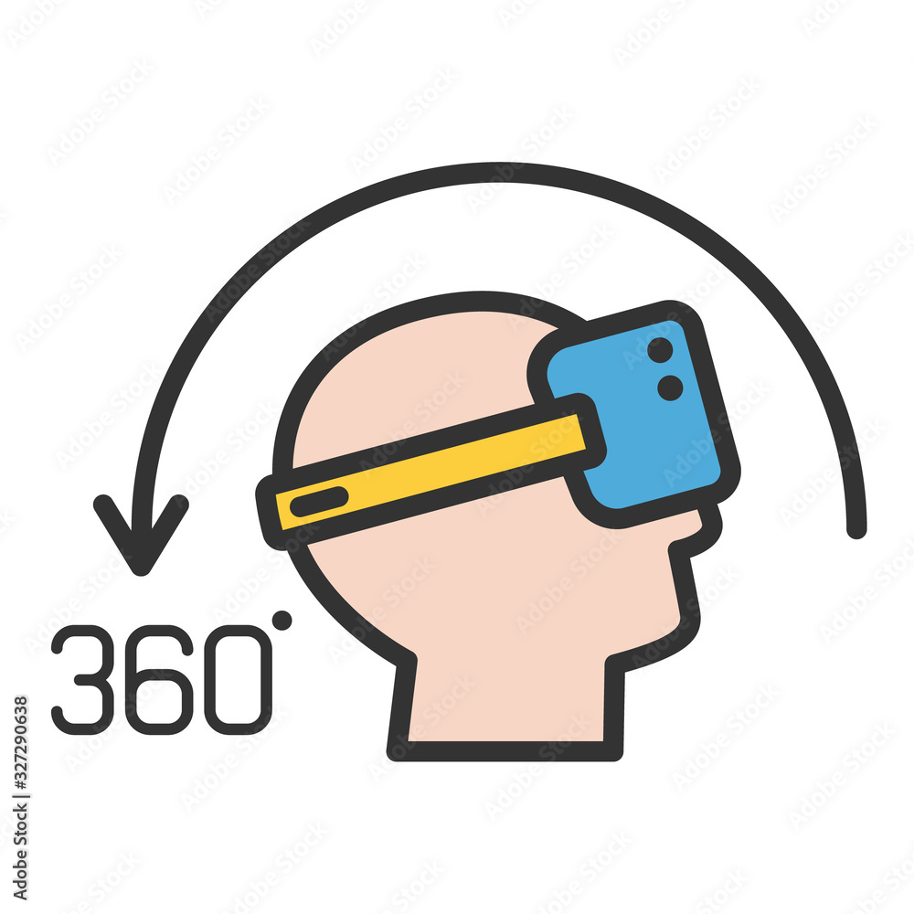 VR headset 360 view filled outline icon. Man in virtual reality 360 degrees view glasses color illustration. Virtual and augmented reality filled vector icon for web, mobile app, ui design and print VR headset 360 view filled outline icon. Man in virtual reality 360 degrees view glasses color illustration. Virtual and augmented reality filled vector icon for web, mobile app, ui design and print