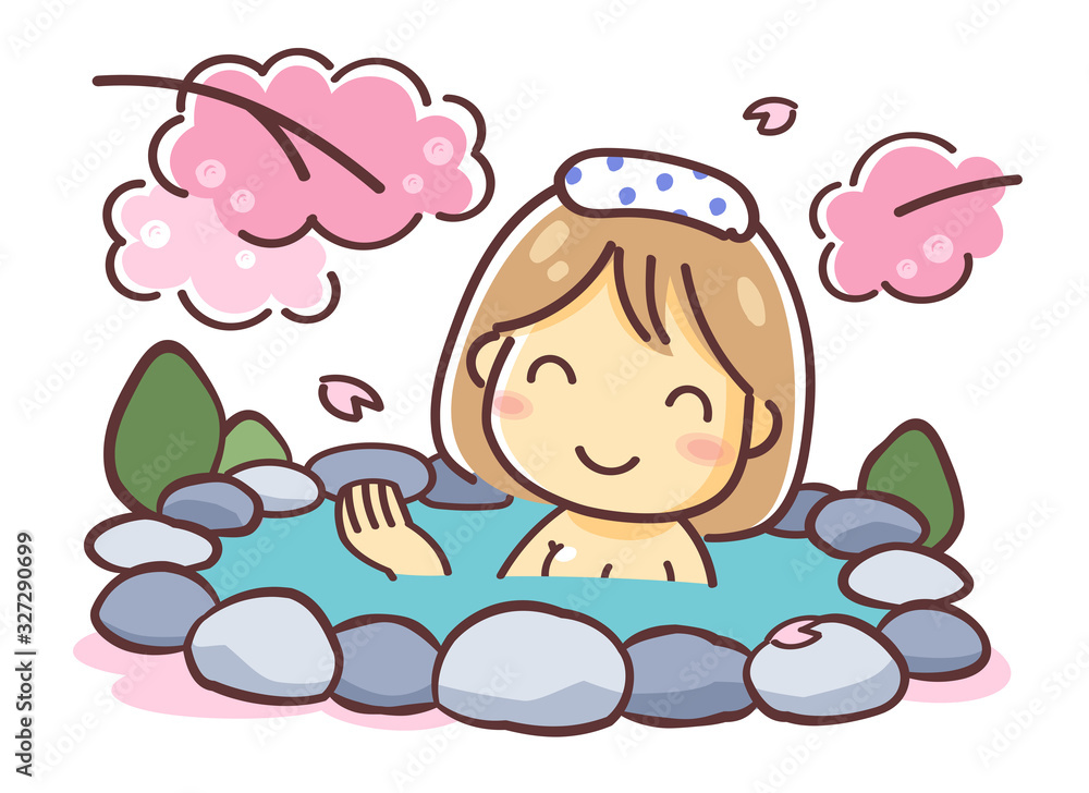 春の旅行 桜景色の中 温泉に入る女性 のデフォルメイラスト 露天風呂 Stock Vector Adobe Stock
