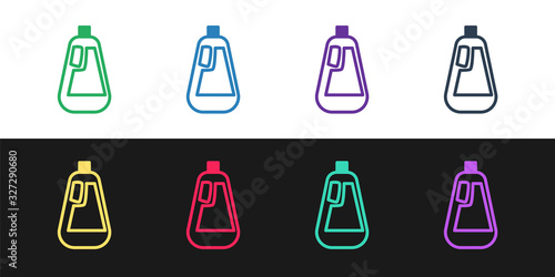 Set line Plastic bottle for liquid laundry detergent, bleach, dishwashing liquid icon isolated on black and white background. Vector Illustration