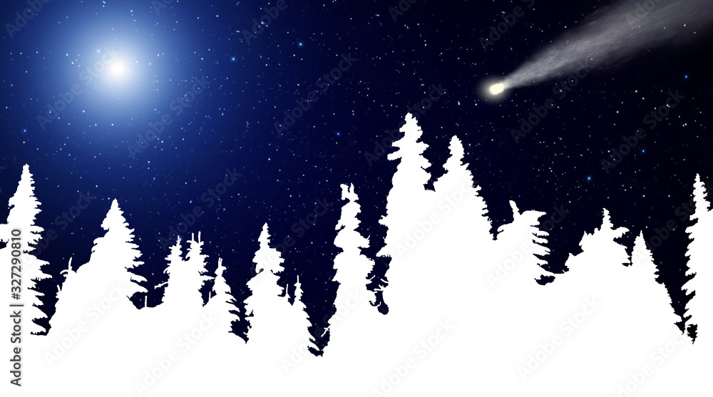 Bright moon and comet illuminates the mysterious night forest. Winter night landscape. Spruce forest in winter