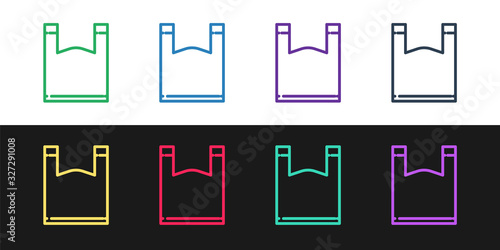 Set line Plastic bag icon isolated on black and white background. Disposable cellophane and polythene package prohibition sign. Vector Illustration