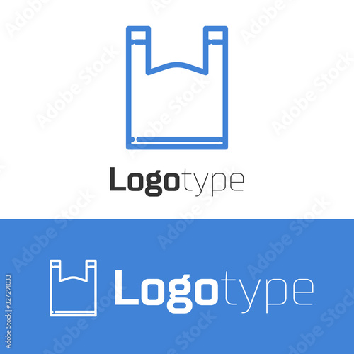 Blue line Plastic bag icon isolated on white background. Disposable cellophane and polythene package prohibition sign. Logo design template element. Vector Illustration