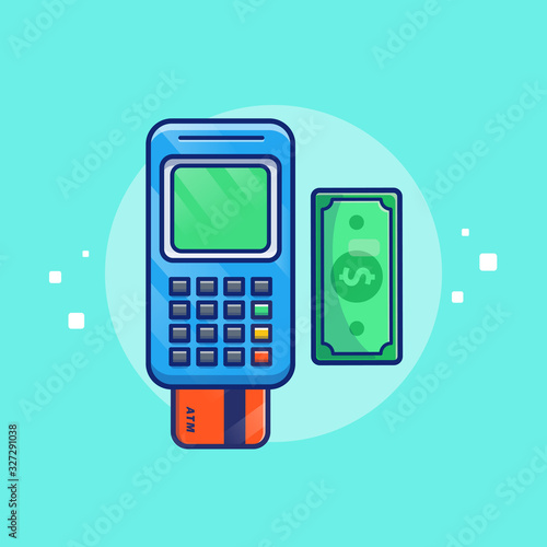 Payment By Debit Card Vector Icon Illustration. POS Bank, Bank Card And Money. Technology Icon Concept White Isolated. Flat Cartoon Style Suitable for Web Landing Page, Banner, Flyer, Sticker, Card
