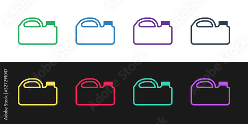 Set line Plastic canister for motor machine oil icon isolated on black and white background. Oil gallon. Oil change service and repair. Vector Illustration
