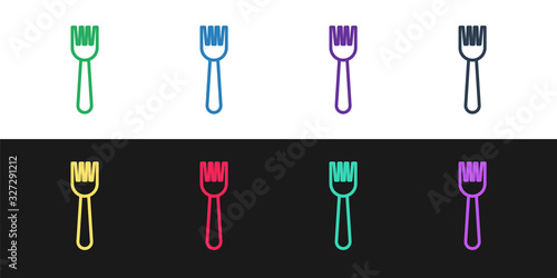 Set line Disposable plastic fork icon isolated on black and white background. Vector Illustration