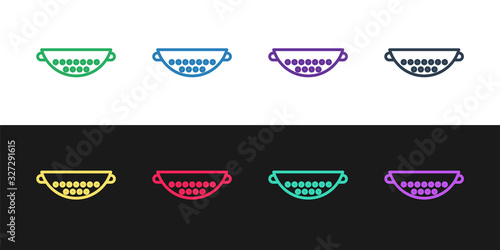 Set line Kitchen colander icon isolated on black and white background. Cooking utensil. Cutlery sign. Vector Illustration