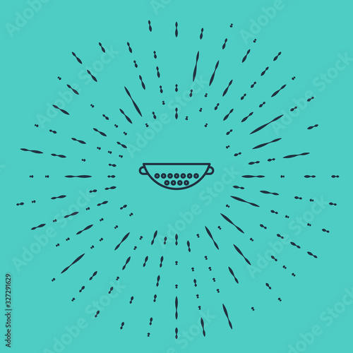 Black line Kitchen colander icon isolated on green background. Cooking utensil. Cutlery sign. Abstract circle random dots. Vector Illustration
