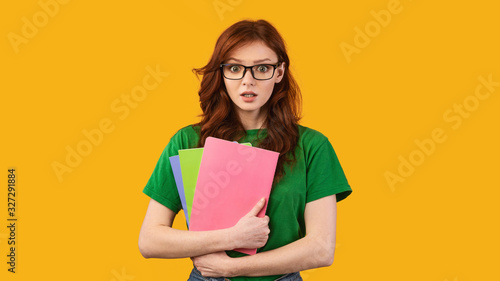 Shocked student girl holding books standing on yellow background, panorama