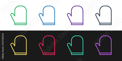 Set line Oven glove icon isolated on black and white background. Kitchen potholder sign. Cooking glove. Vector Illustration