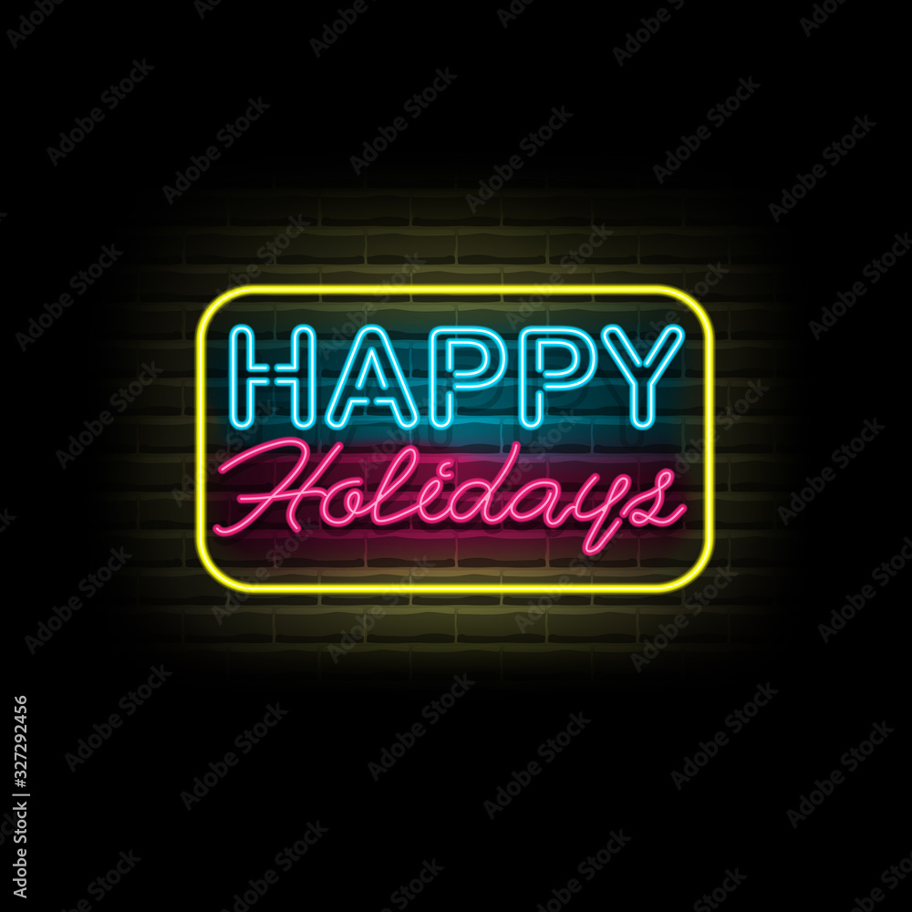Holiday Vector. Happy holidays neon text vector. Happy holidays neon sign. Night neon signboard, modern trend design, light banner, light art, night bright advertising. Holiday Vector. Happy holidays neon text vector. Happy holidays neon sign. Night neon signboard, modern trend design, light banner, light art, night bright advertising.