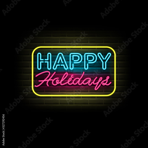 Holiday Vector. Happy holidays neon text vector. Happy holidays neon sign. Night neon signboard, modern trend design, light banner, light art, night bright advertising.