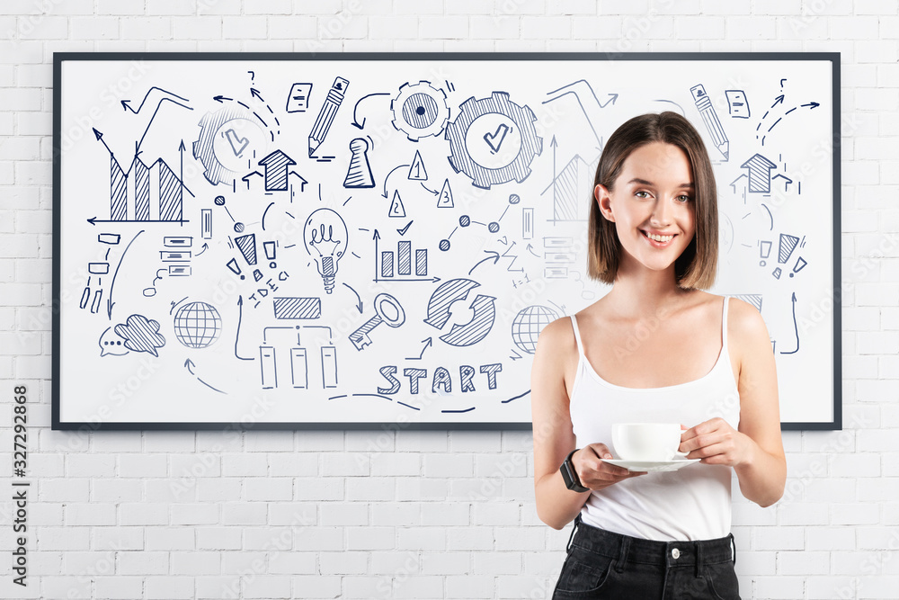 Smiling woman with coffee and her business plan Smiling woman with coffee and her business plan