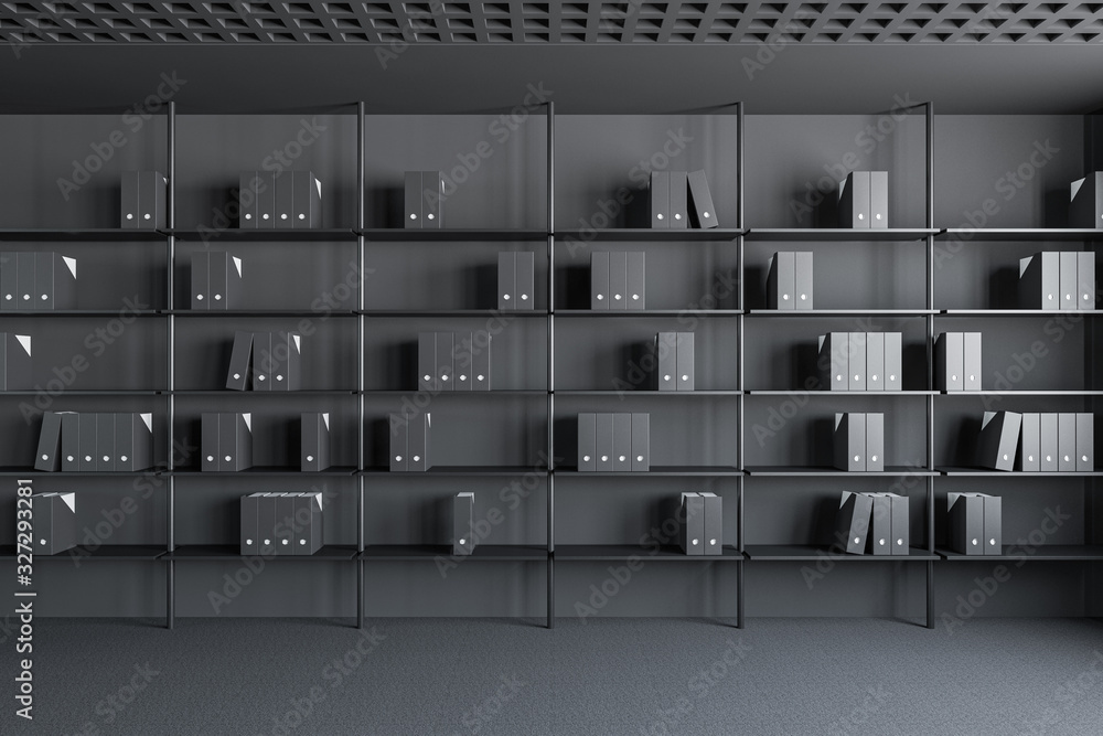 Bookcase with binder folders in gray office - obrazy, fototapety, plakaty 